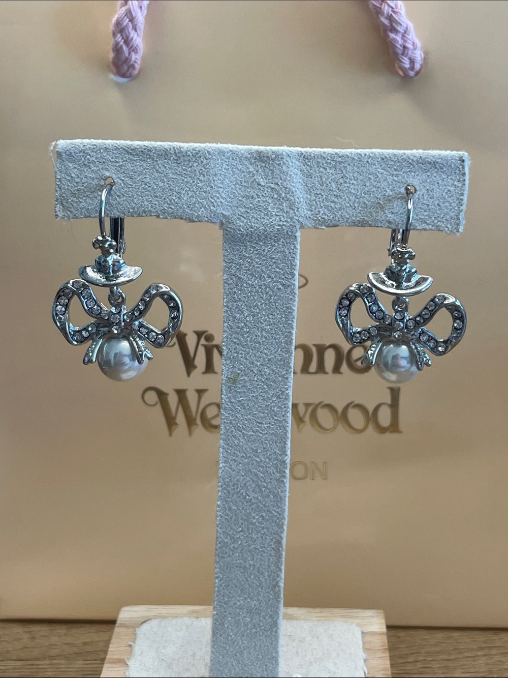 Vivienne Westwood Silver Crystal Bow Earrings with Pearl Drops